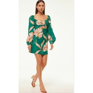 MISA Los Angeles Nina Puff Sleeve Green Floral Cutout Dress Size Small